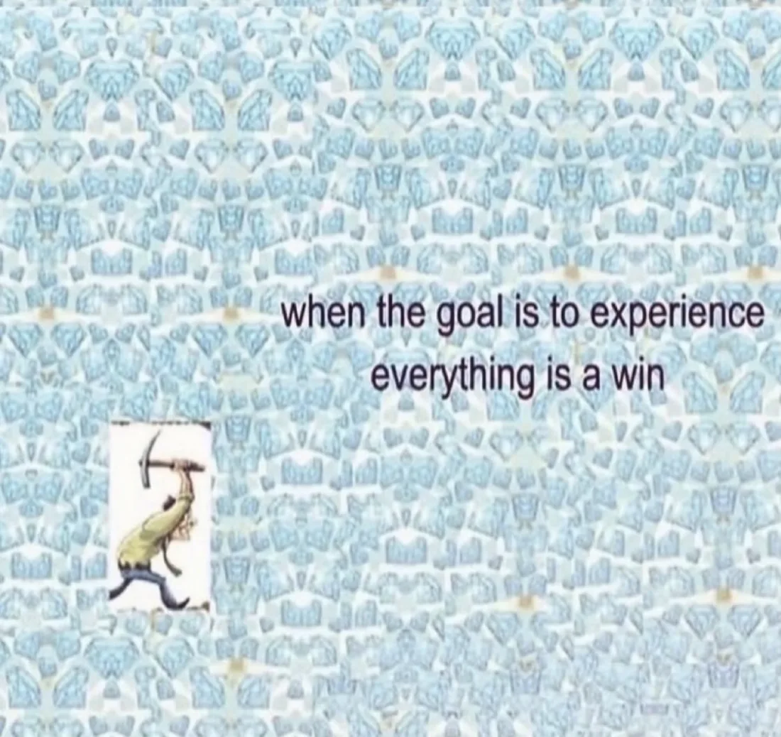 A meme of a miner swinging a pickaxe against a wall of diamonds, captioned 'when the goal is to experience everything is a win'