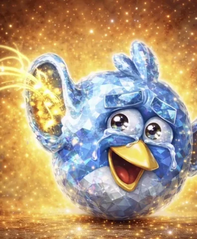 Animated angry bird character with a glowing musical note by its ear