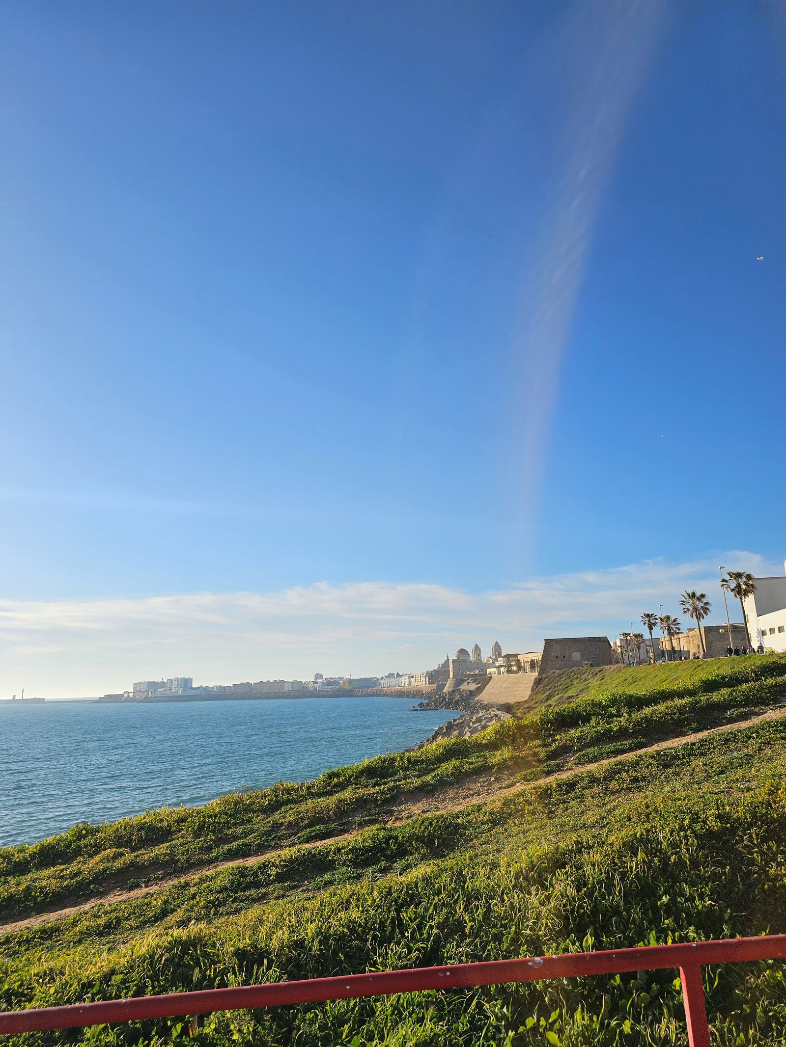 A grassy coastal path in Cádiz overlooking the ocean and the old town skyline in the distance
