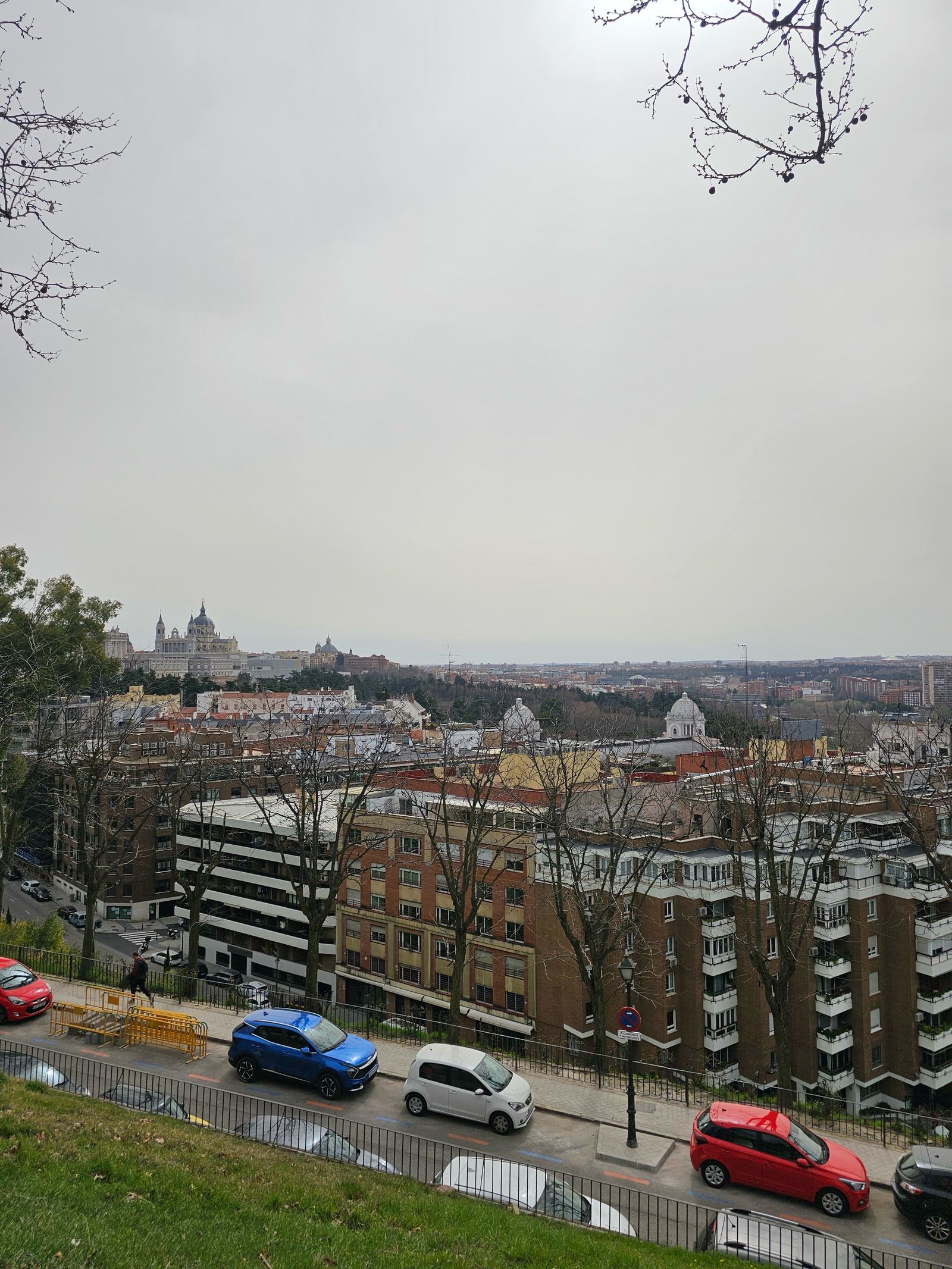 Grey overcast skyline of Madrid seen from a hillside, with the Almudena Cathedral dome visible in the distance